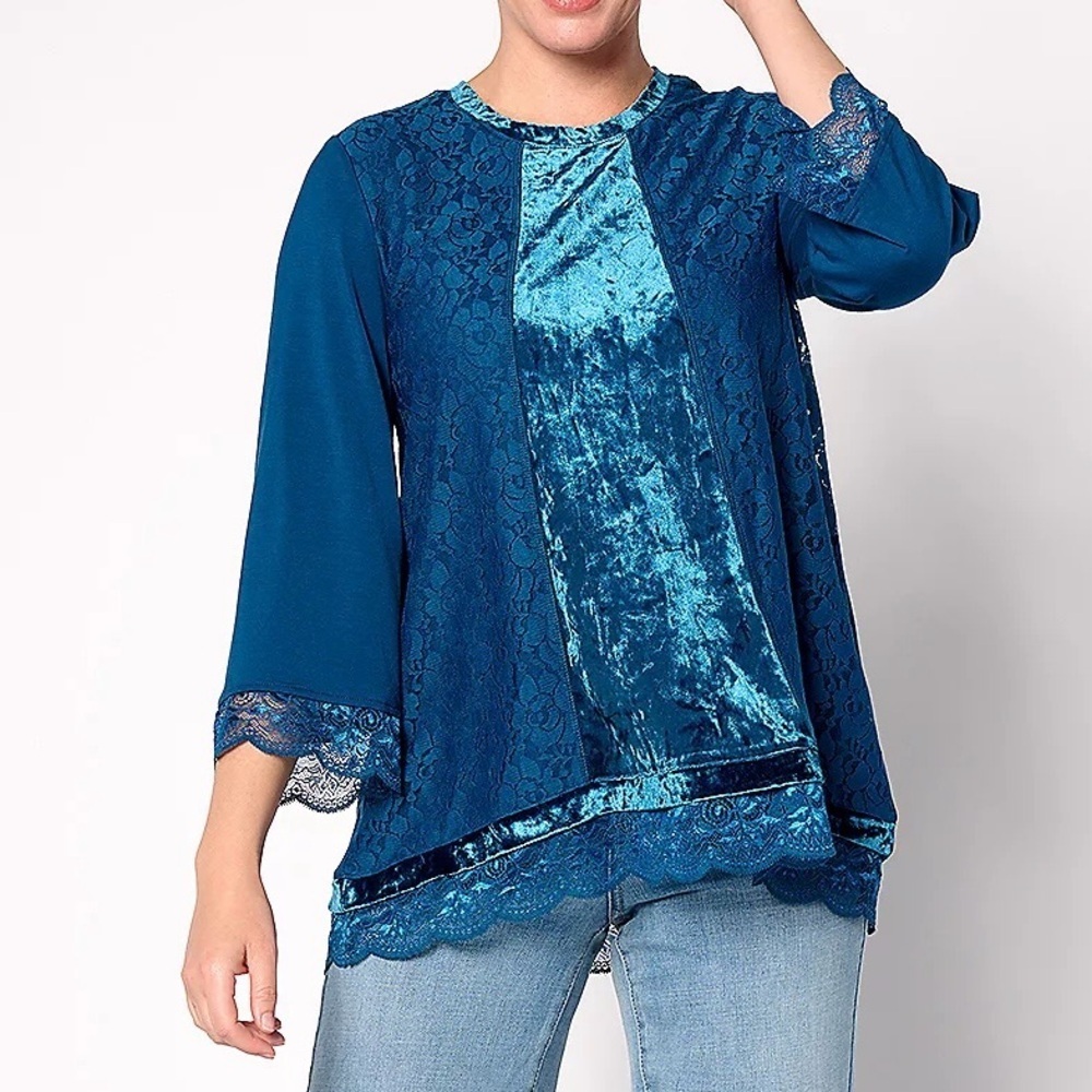 LOGO Lavish by Lori Goldstein Polar Blue Lace Velvet Fairycore Whimsigoth Top L